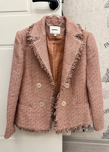 Tüvit Düğmeli Pastel pudra pembe Midi kadın blazer