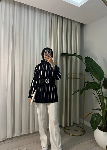 Zara Siyah Zebra Desenli Kemerli Midi Tunik