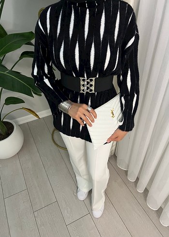 diğer Beden siyah Renk Siyah Zebra Desenli Kemerli Midi Tunik