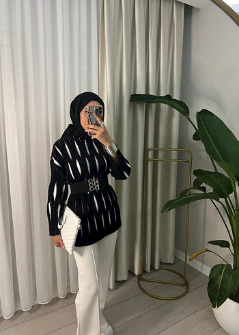 diğer Beden Siyah Zebra Desenli Kemerli Midi Tunik