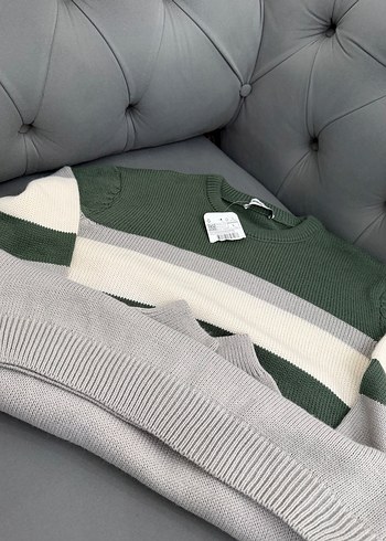 Gri Çizgili Bisiklet Yaka Erkek Triko - Görsel 3