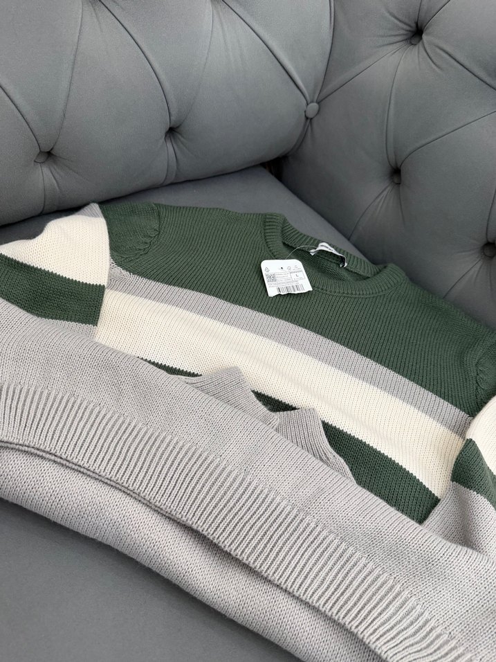 Gri Çizgili Bisiklet Yaka Erkek Triko - Görsel 3