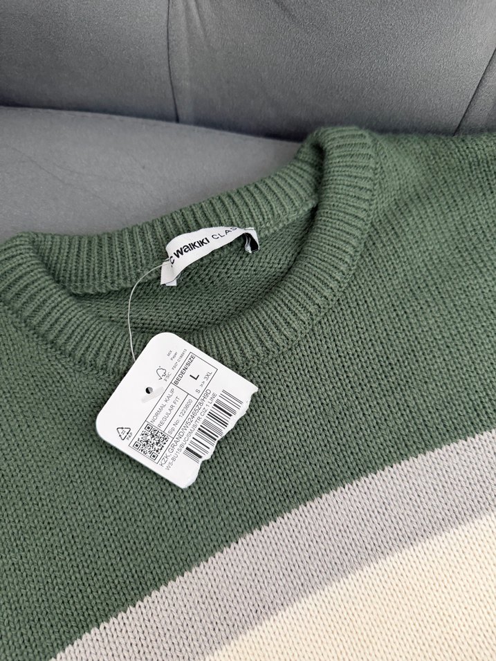 Gri Çizgili Bisiklet Yaka Erkek Triko - Görsel 2