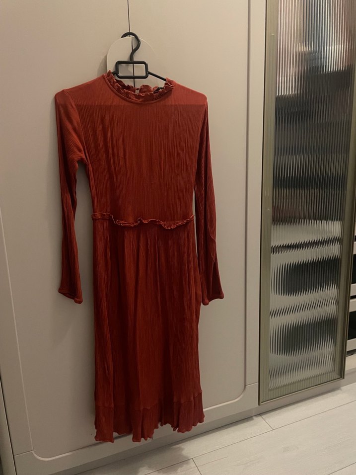 Bordo Kadın Uzun Kollu Pilili Midi Örme Elbise - Görsel 3