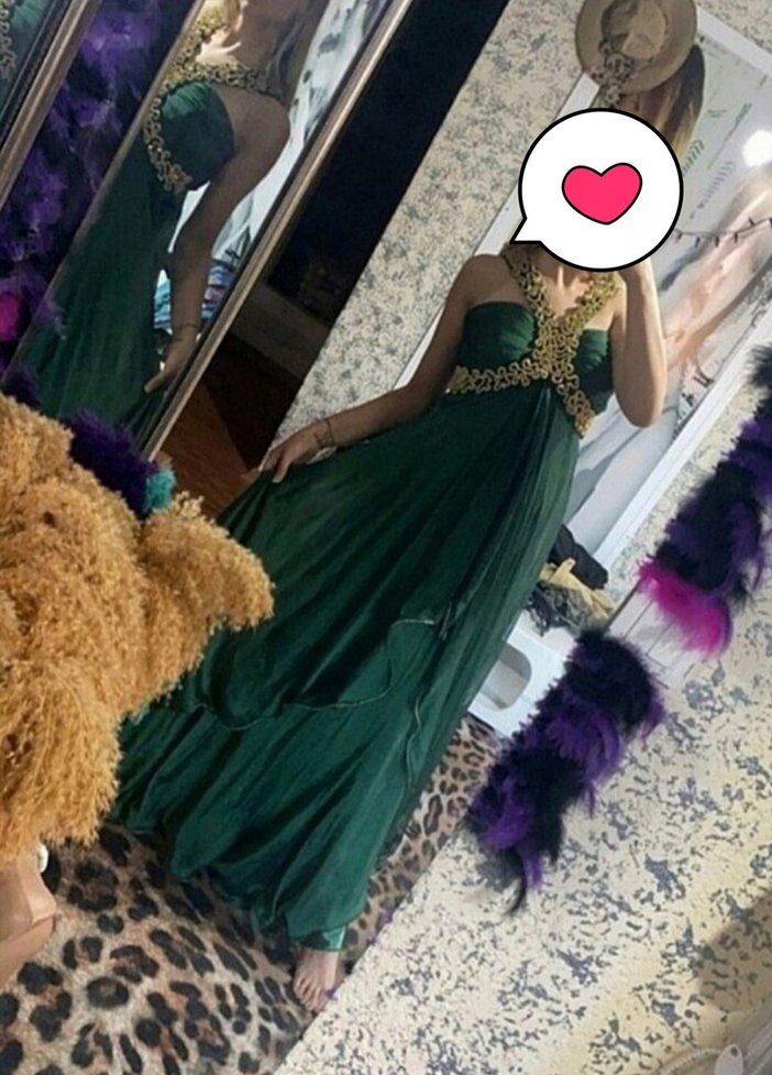 Yeşil Payetli Uzun V Yaka Abiye Elbise - Görsel 2