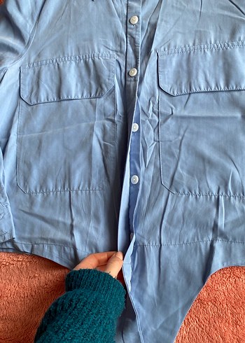 Düğmeli Mavi Kısa Denim Gömlek - Görsel 5