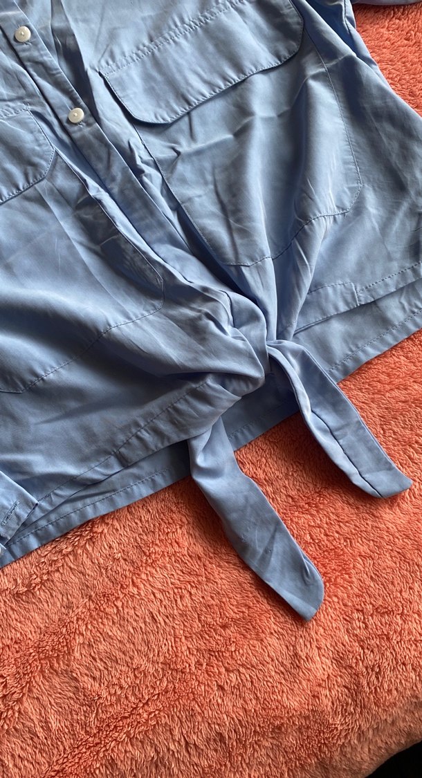 Düğmeli Mavi Kısa Denim Gömlek - Görsel 3