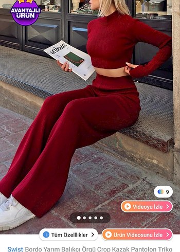 Bordo Yarım Balıkçı Örgü Crop Kazak ve Pantolon Takım