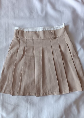 Bej Pliseli Mini Etek