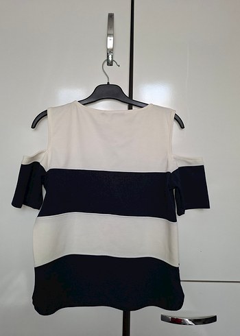 Beyaz Lacivert Kısa Kollu Kadın Bluz - Görsel 2