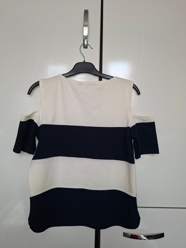 Beyaz Lacivert Kısa Kollu Kadın Bluz - Görsel 2