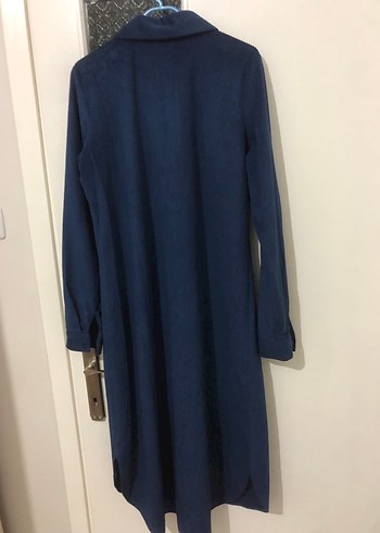 Düğmeli Lacivert Uzun kadife kadın gömlek - Görsel 2