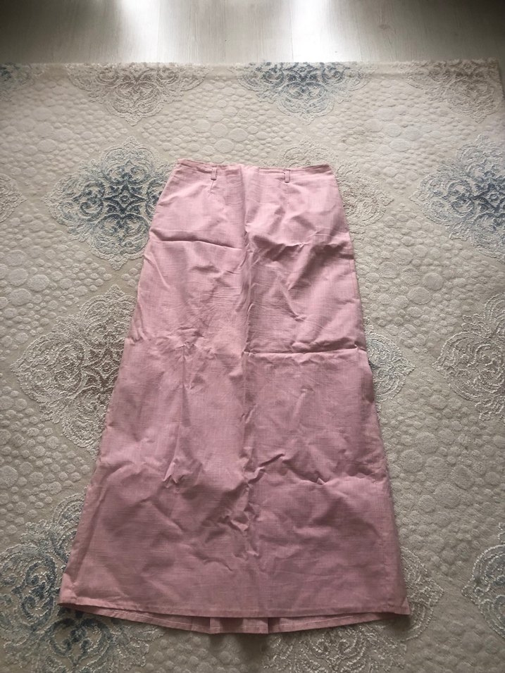 Pembe keten Uzun önden pili kaşeli Kadın Etek - Görsel 2