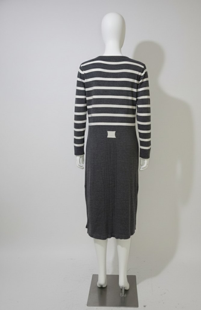 Çizgili Gri Uzun Triko Kadın Hırka - Görsel 2