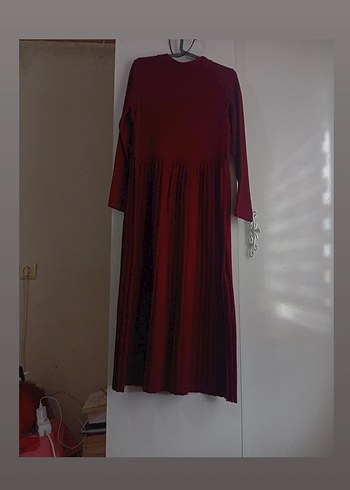 Bordo Piliseli Uzun Keten Elbise
