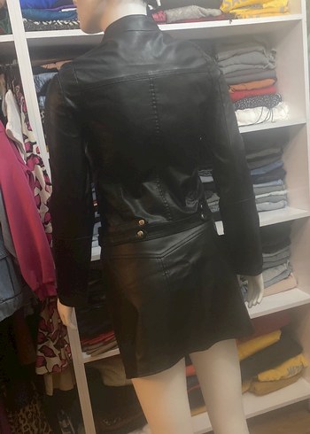 Kadın Siyah Deri Biker Ceket - Görsel 5