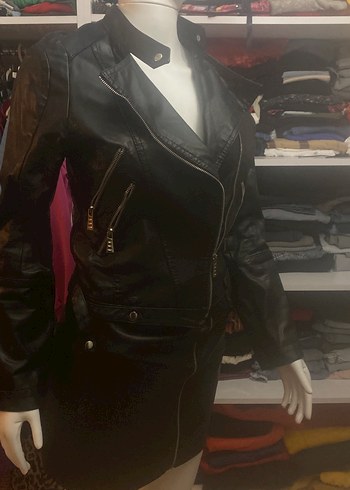 Kadın Siyah Deri Biker Ceket - Görsel 9