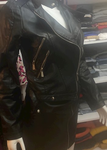 Kadın Siyah Deri Biker Ceket - Görsel 11