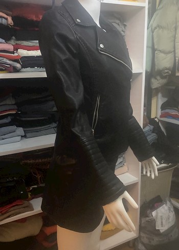 Kadın Siyah Deri Biker Ceket - Görsel 2