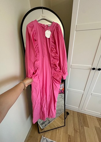 Pembe Uzun Keten Elbise, Fırfırlı, Bohem