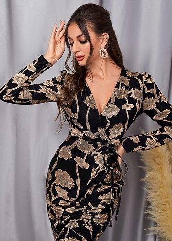 Siyah desenli uzun kollu elbise - Görsel 2