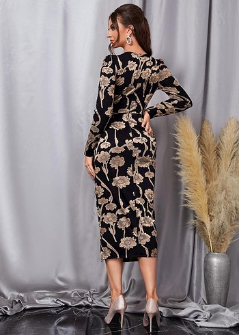 Siyah desenli uzun kollu elbise - Görsel 4