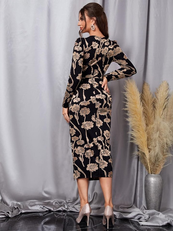 Siyah desenli uzun kollu elbise - Görsel 4