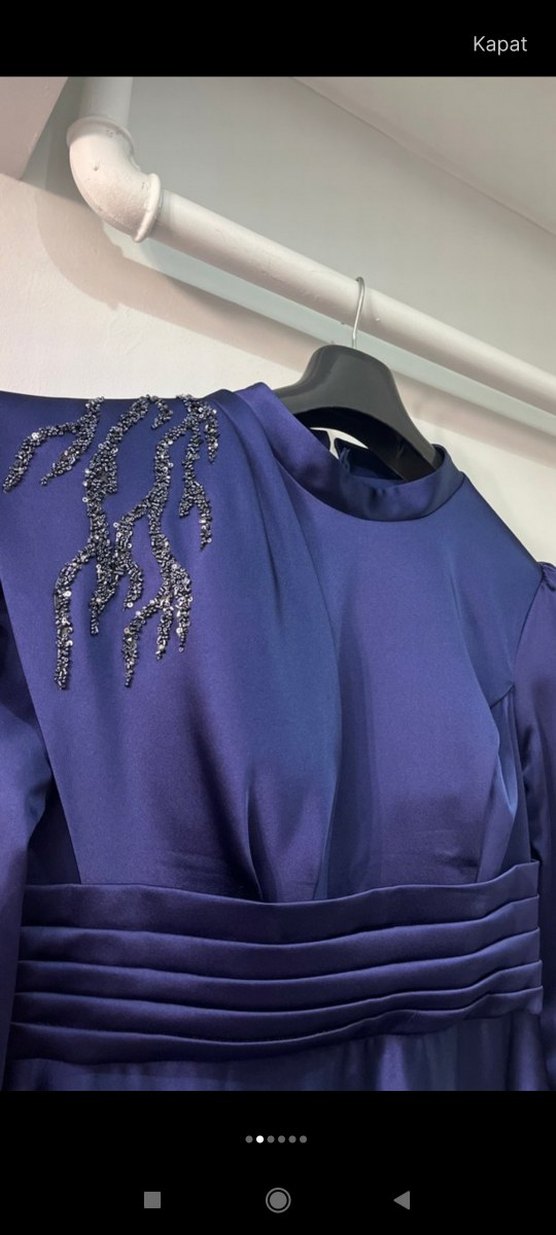 Lacivert Uzun Kollu İşlemeli Abiye Elbise - Görsel 2