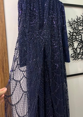 Boncuk İşlemeli Uzun lacivert Kadın Abiye Elbise - Görsel 5