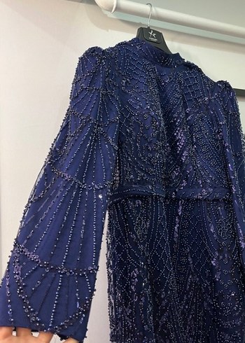 Boncuk İşlemeli Uzun lacivert Kadın Abiye Elbise - Görsel 2