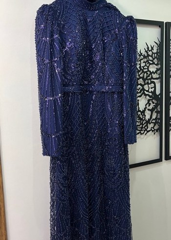 Boncuk İşlemeli Uzun lacivert Kadın Abiye Elbise - Görsel 7