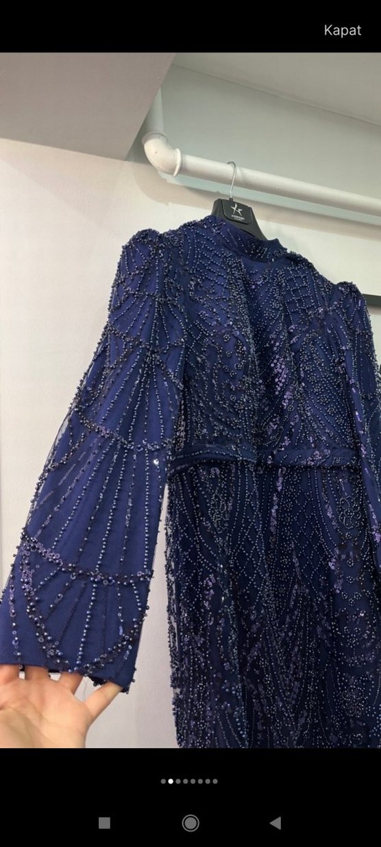 Boncuk İşlemeli Uzun lacivert Kadın Abiye Elbise - Görsel 2