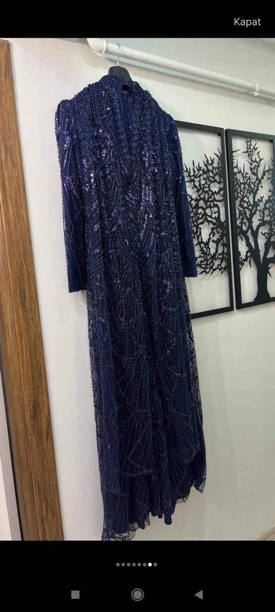 Boncuk İşlemeli Uzun lacivert Kadın Abiye Elbise - Görsel 4