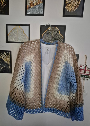 Bohem Bej Mavi Örgü Kadın Hırka - Görsel 3