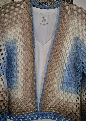 Bohem Bej Mavi Örgü Kadın Hırka - Görsel 6