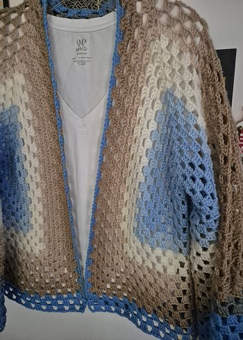 Bohem Bej Mavi Örgü Kadın Hırka - Görsel 4