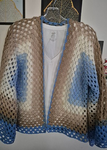 Bohem Bej Mavi Örgü Kadın Hırka - Görsel 2