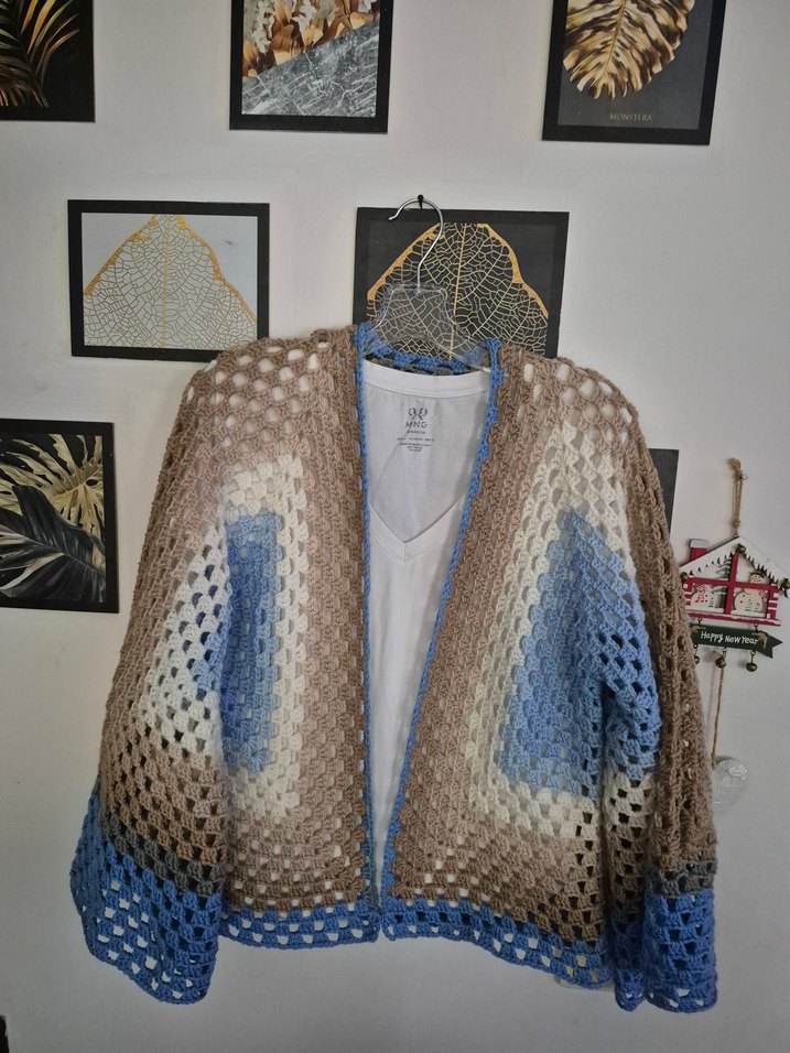 Bohem Bej Mavi Örgü Kadın Hırka - Görsel 3