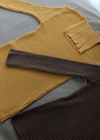 Kahverengi ve hardal Boğazlı Triko Kadın Kazak - Görsel 3