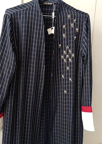 Uzun Kollu Nakışlı Mavi Kadın Elbisesi - Görsel 2