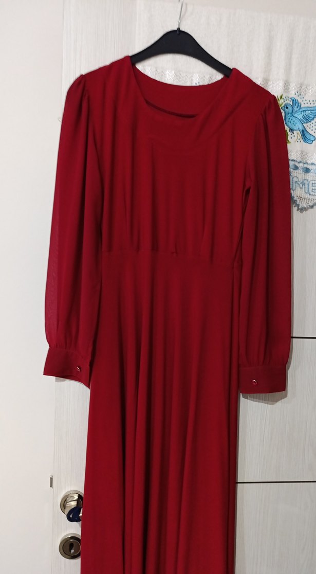 Koyu Kırmızı Uzun Kollu Drapeli Kadın Elbise - Görsel 2