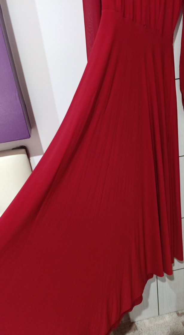 Koyu Kırmızı Uzun Kollu Drapeli Kadın Elbise - Görsel 4