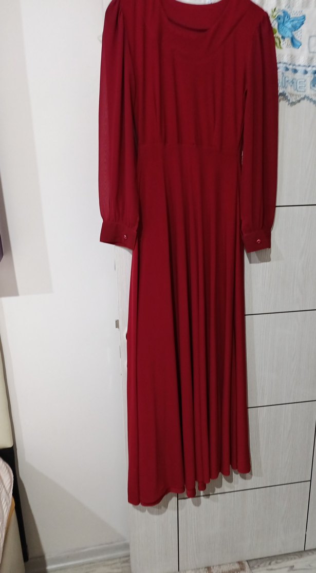 Koyu Kırmızı Uzun Kollu Drapeli Kadın Elbise - Görsel 5