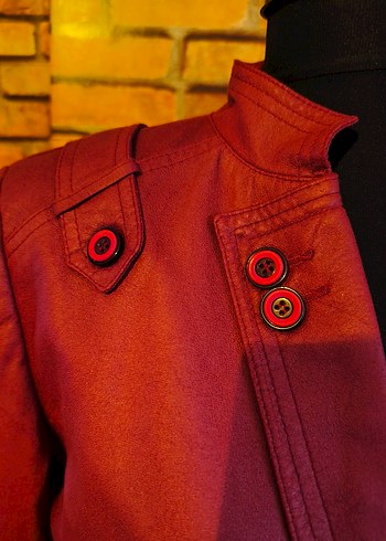 Düğmeli Bordo İnce Deri Kadın Ceket - Görsel 10