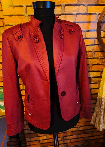 Düğmeli Bordo İnce Deri Kadın Ceket - Görsel 3