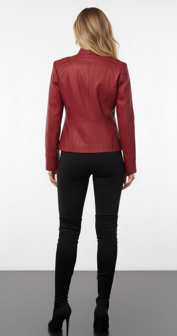 Düğmeli Bordo İnce Deri Kadın Ceket - Görsel 2
