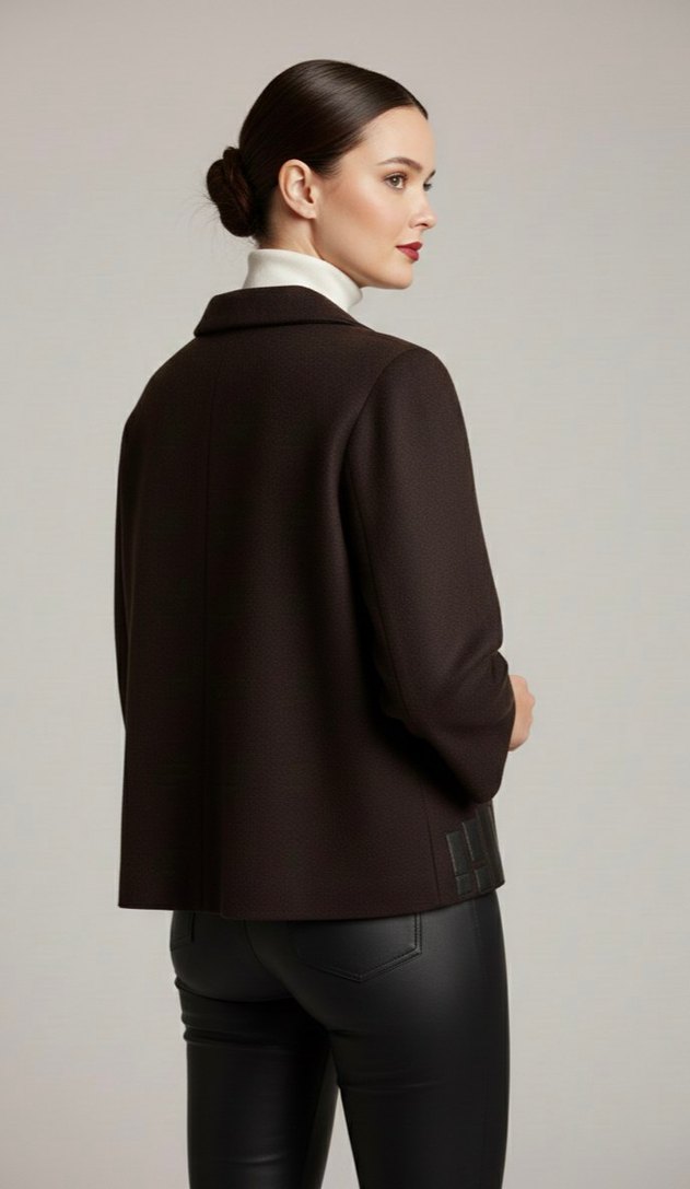 Düğmeli Kahverengi Mini Deri Ceket - Görsel 2