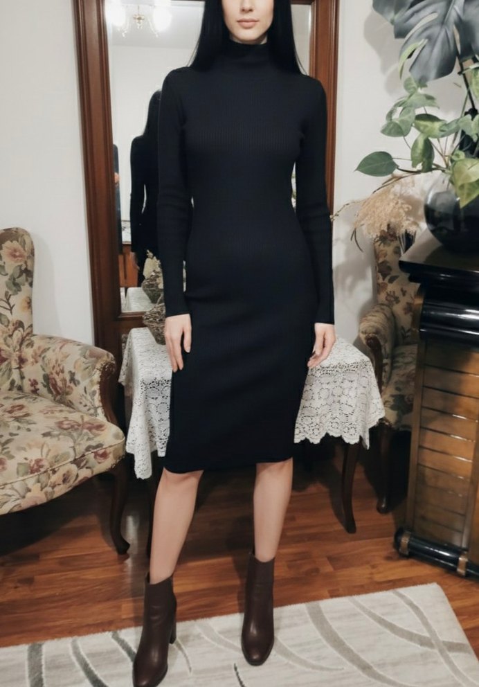 Siyah Yüksek Yakalı Kadın Kalem Elbise - Görsel 2