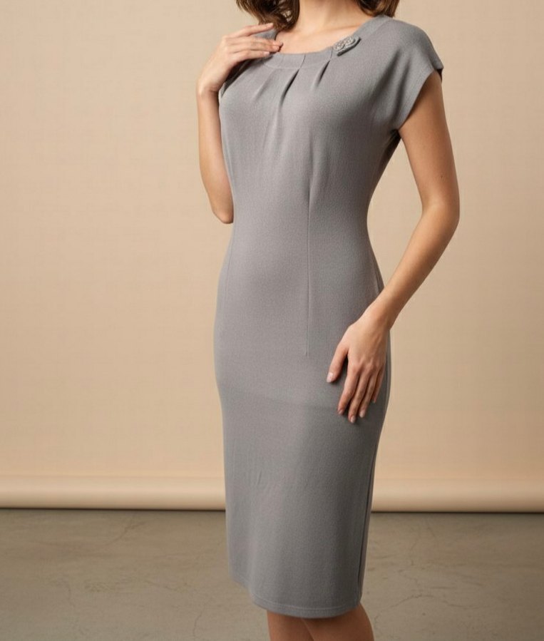 Gri V Yaka Kolsuz Midi Kalem Elbise - Görsel 3