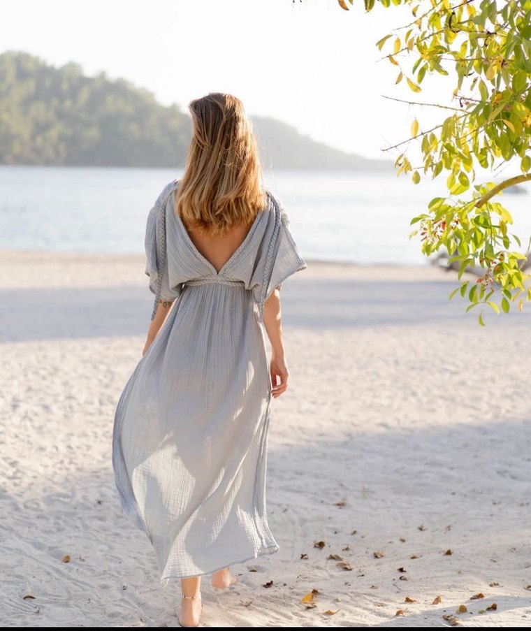 Gri Bohem Uzun Keten Elbise - Görsel 4